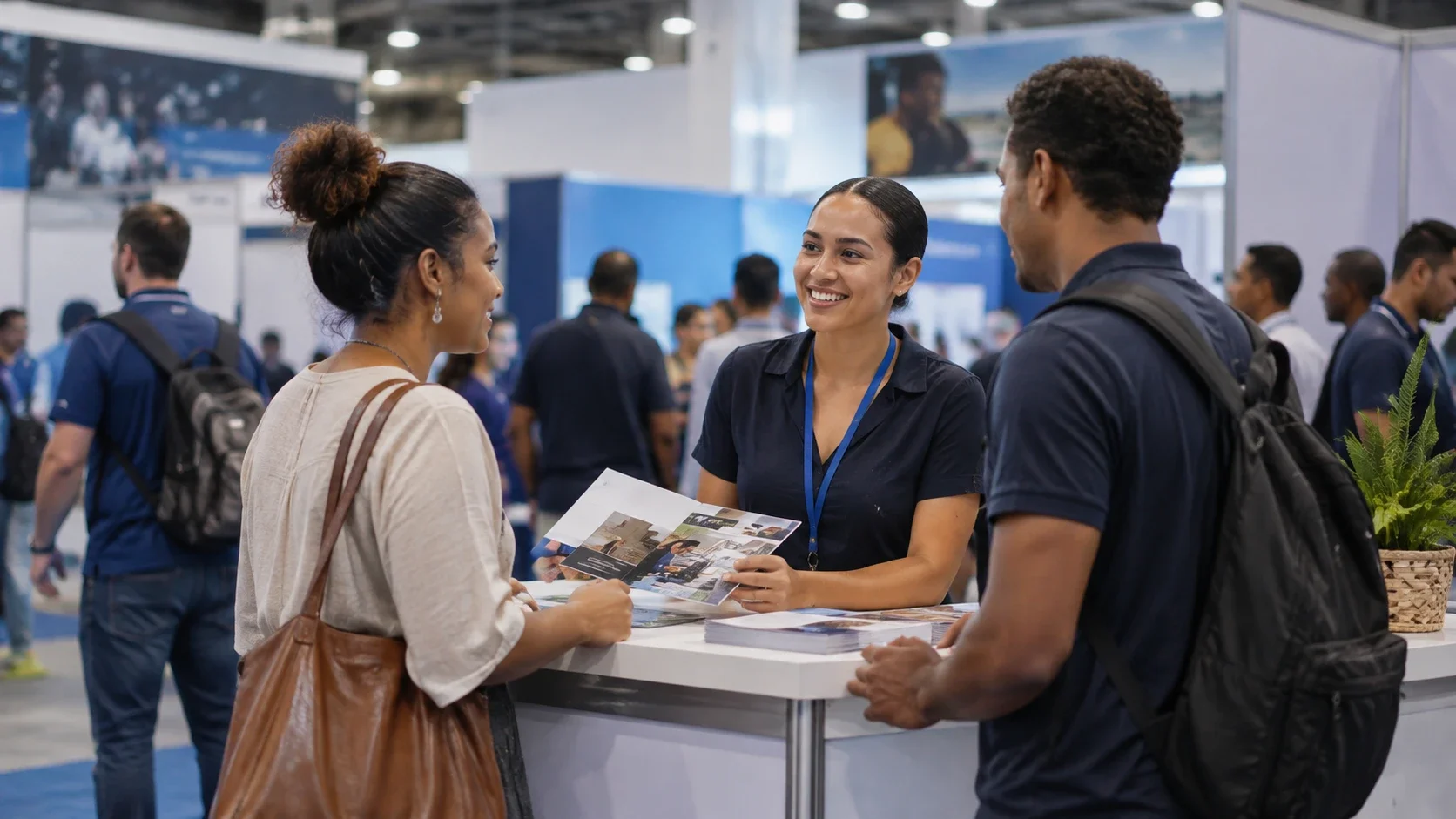 Recruteuse échangeant avec deux visiteurs sur un stand du Hall Emploi