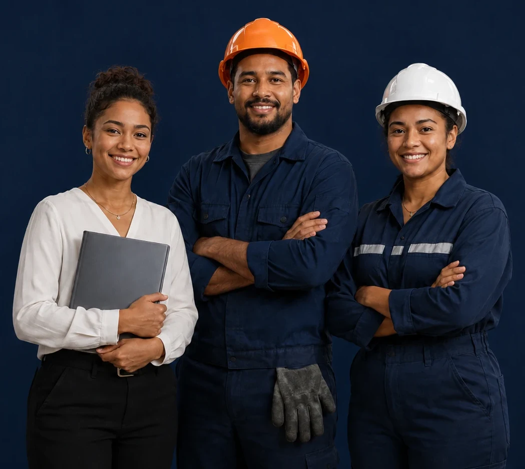 Professionnelle avec un dossier, technicien casque orange et technicienne casque blanc, représentant les univers du Hall Emploi et du Hall Formation