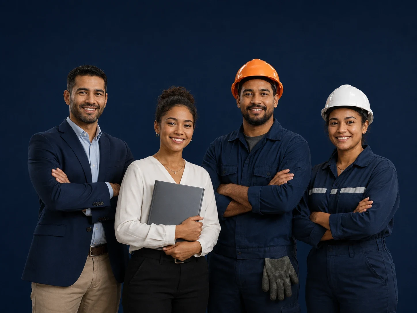 Équipe du salon : cadre en costume, professionnelle avec un dossier, et deux techniciens casqués, représentant les univers du Hall Emploi et du Hall Formation